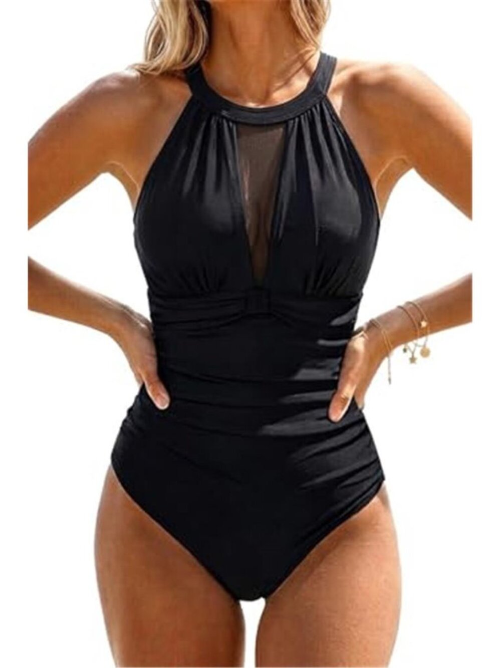 One Piece Swimsuit High Neck Plunge Ruched Tummy Control Padded Push Up Black